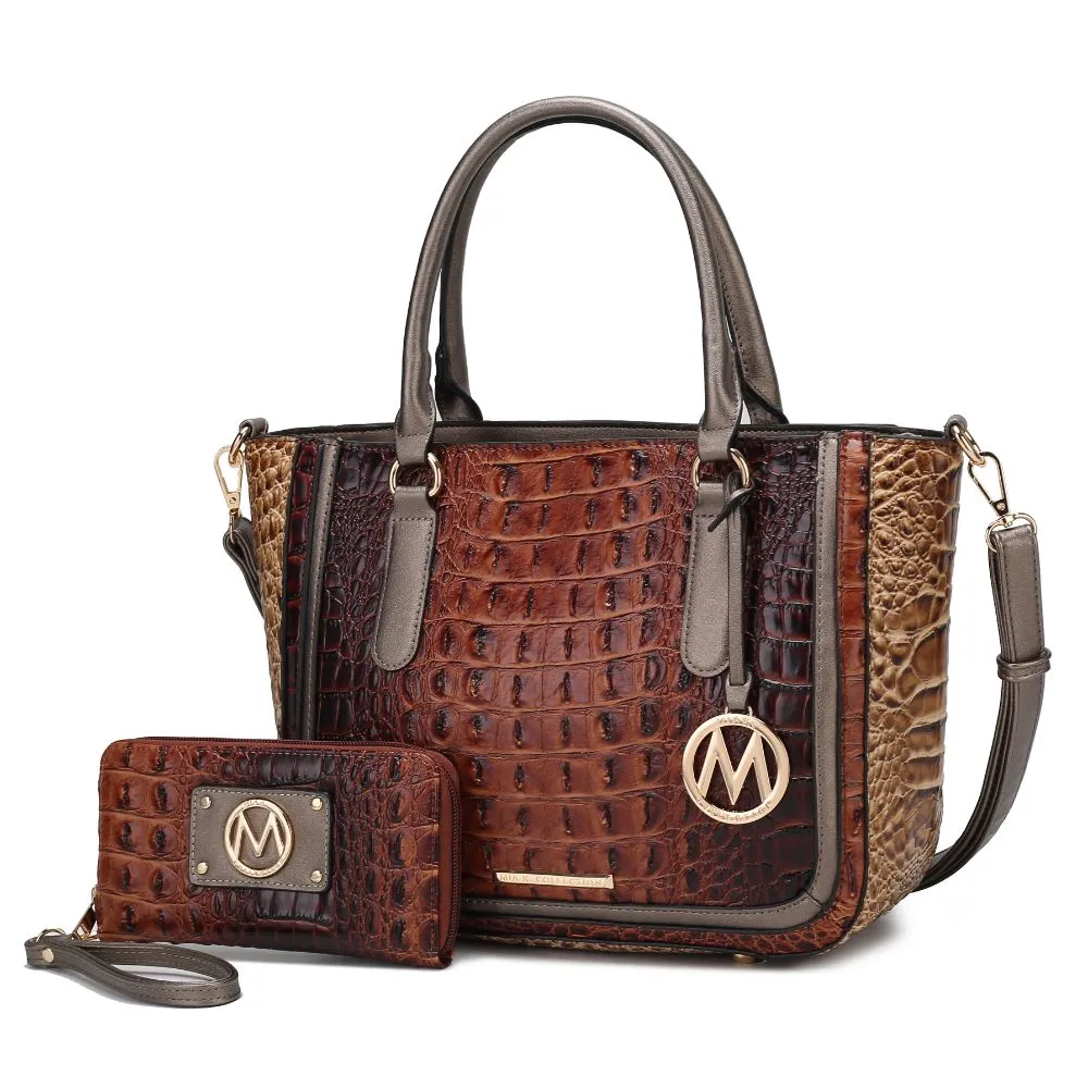 Bonnie Faux Crocodile-Embossed Vegan Leather Women’s Satchel with Wallet Bag - 2 pieces