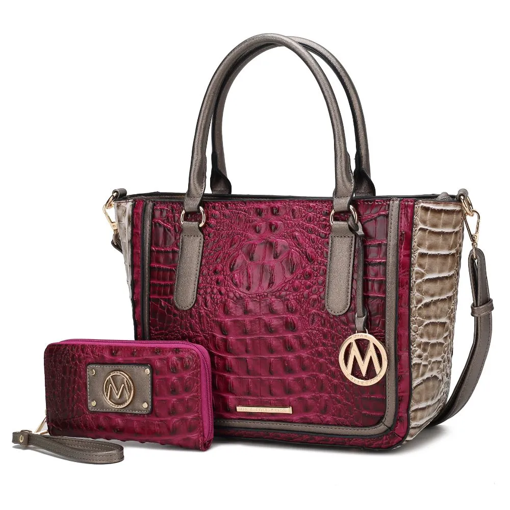 Bonnie Faux Crocodile-Embossed Vegan Leather Women’s Satchel with Wallet Bag - 2 pieces