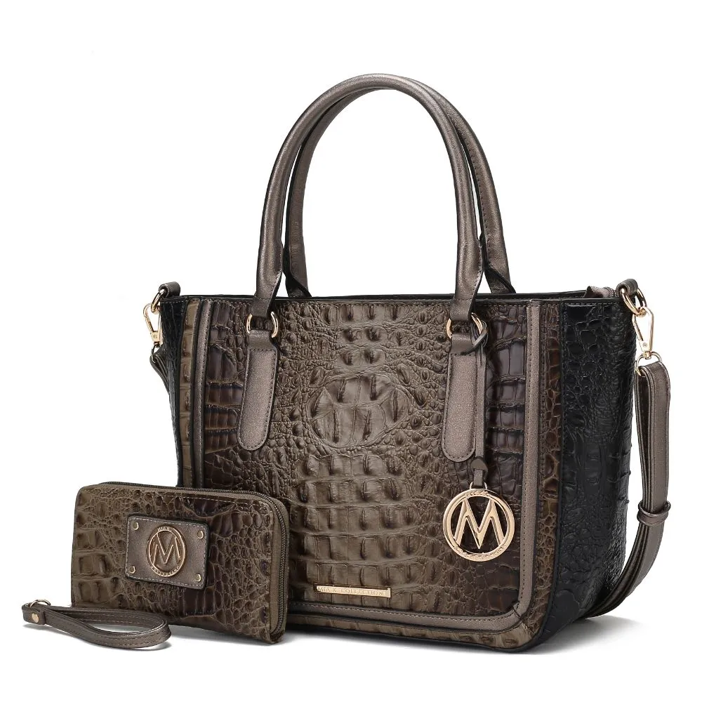 Bonnie Faux Crocodile-Embossed Vegan Leather Women’s Satchel with Wallet Bag - 2 pieces