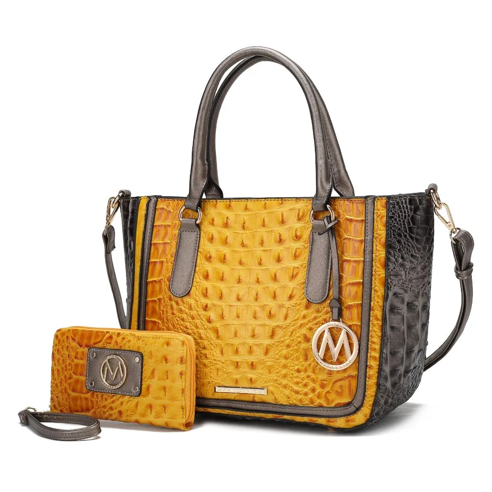 Bonnie Faux Crocodile-Embossed Vegan Leather Women’s Satchel with Wallet Bag - 2 pieces