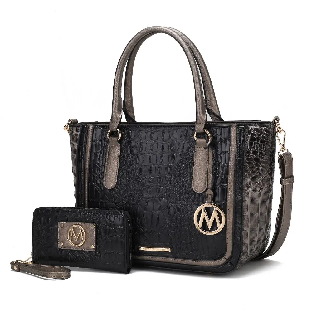 Bonnie Faux Crocodile-Embossed Vegan Leather Women’s Satchel with Wallet Bag - 2 pieces