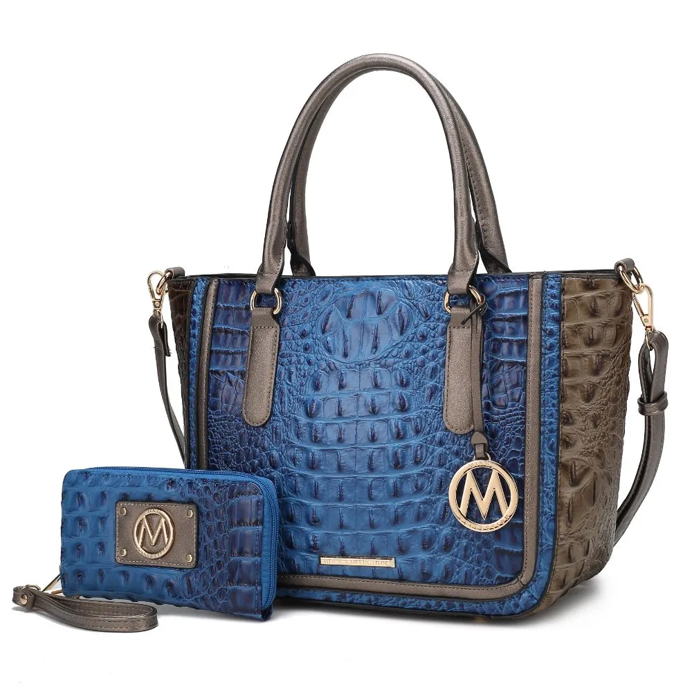 Bonnie Faux Crocodile-Embossed Vegan Leather Women’s Satchel with Wallet Bag - 2 pieces