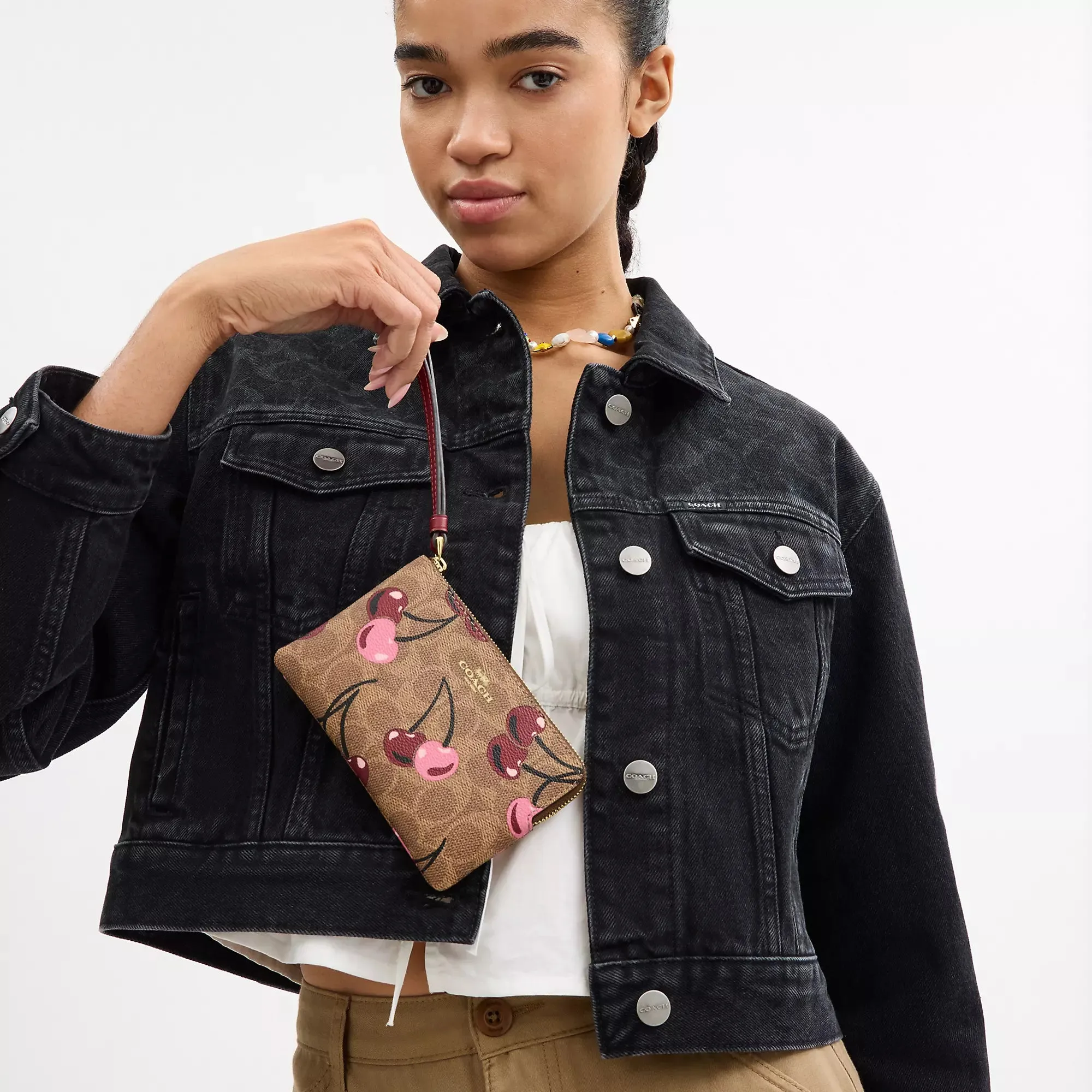 Coach Outlet Corner Zip Wristlet In Signature Canvas With Cherry Print