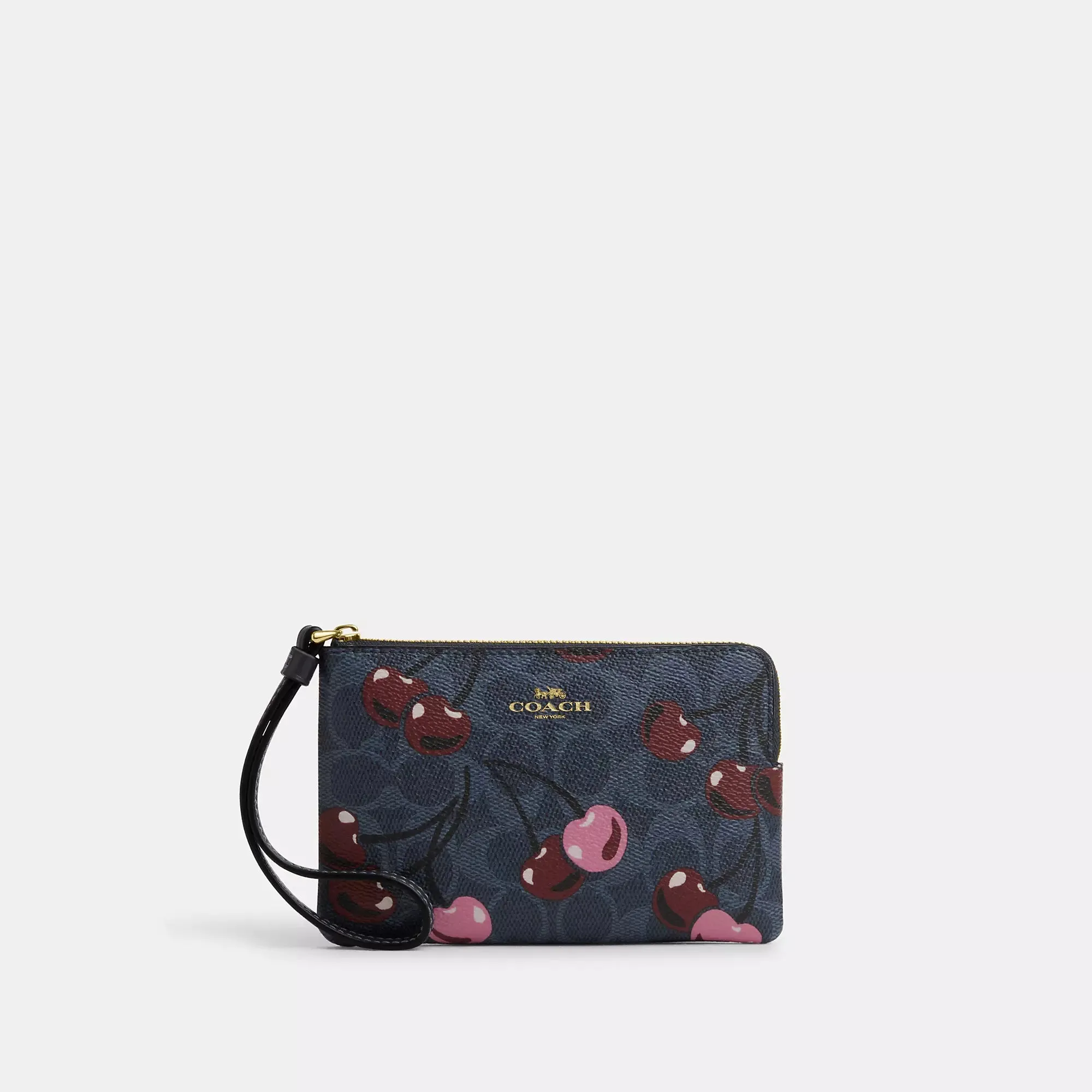 Coach Outlet Corner Zip Wristlet In Signature Canvas With Cherry Print