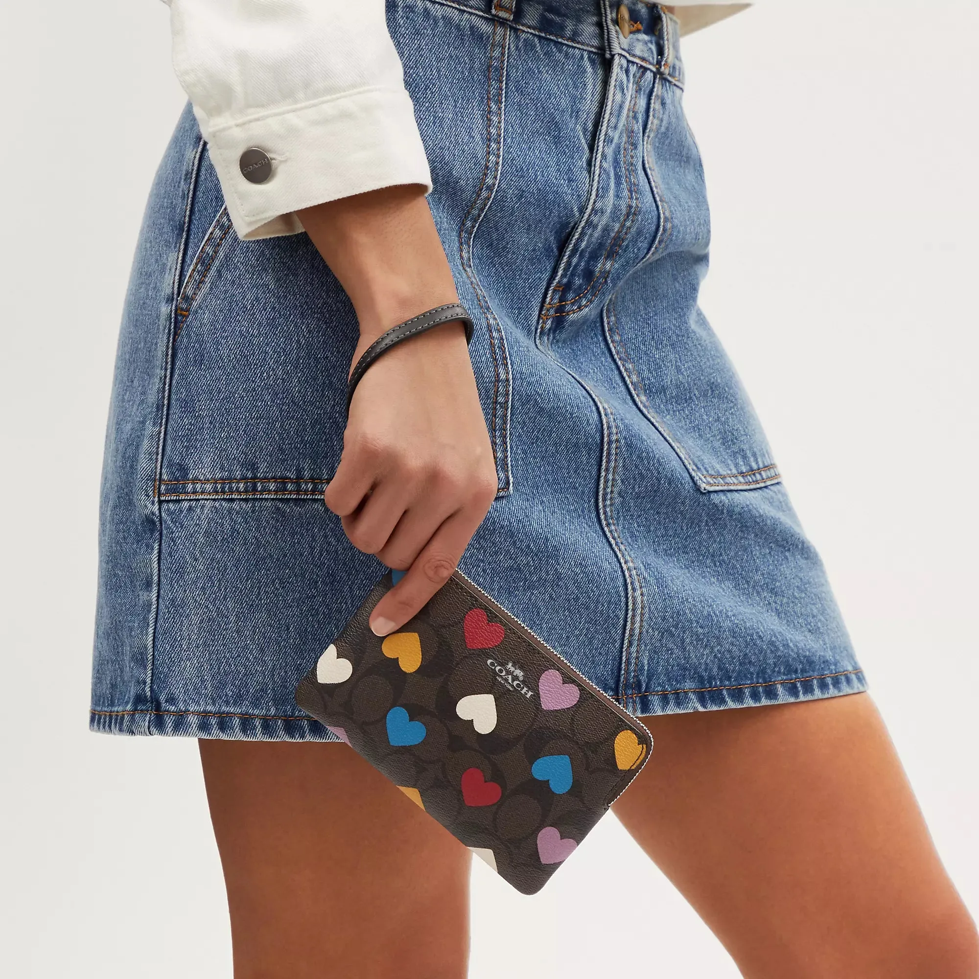 Coach Outlet Corner Zip Wristlet In Signature Canvas With Heart Print