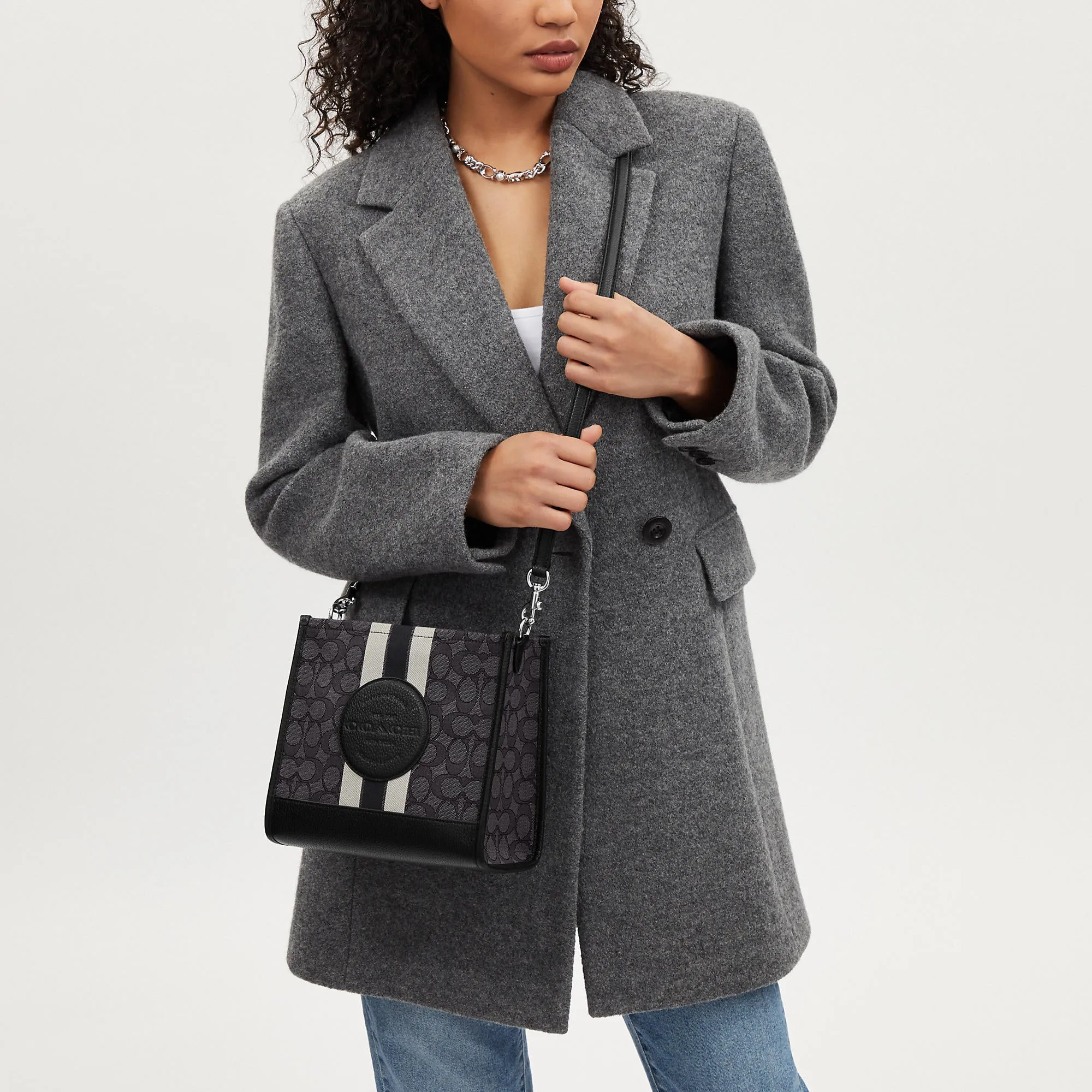Coach Outlet Dempsey Tote 22 In Signature Jacquard With Stripe And Coach Patch