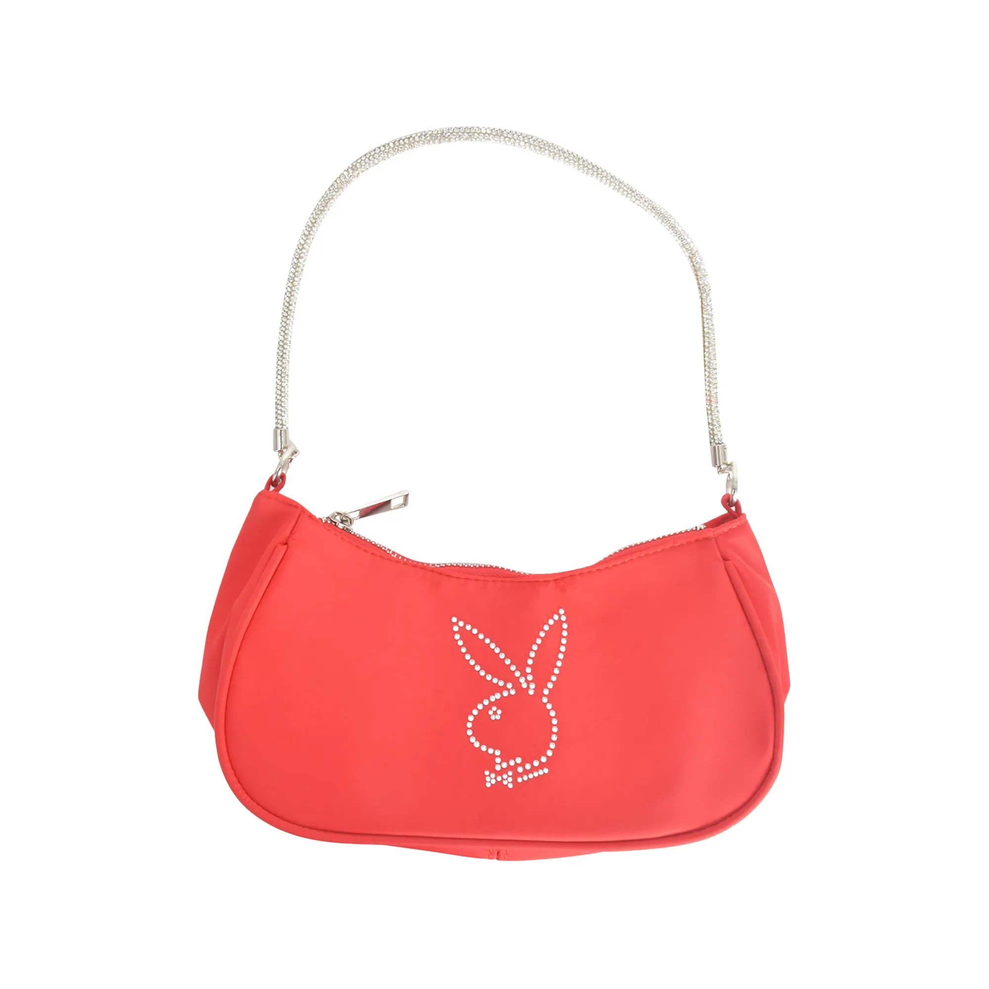 NYLON HANDBAG WITH RHINESTONE HANDLE AND RHINESTONE BUNNY