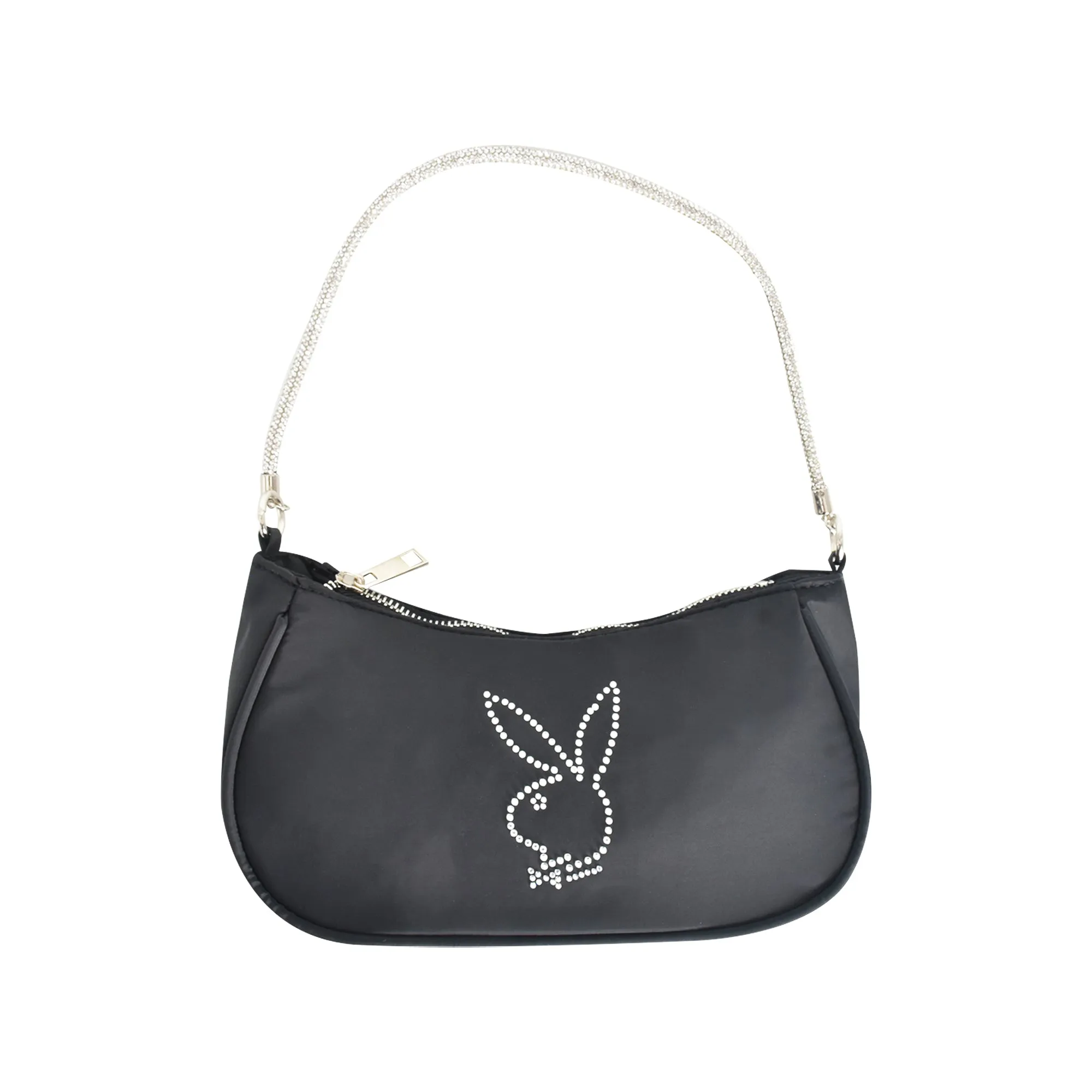 NYLON HANDBAG WITH RHINESTONE HANDLE AND RHINESTONE BUNNY