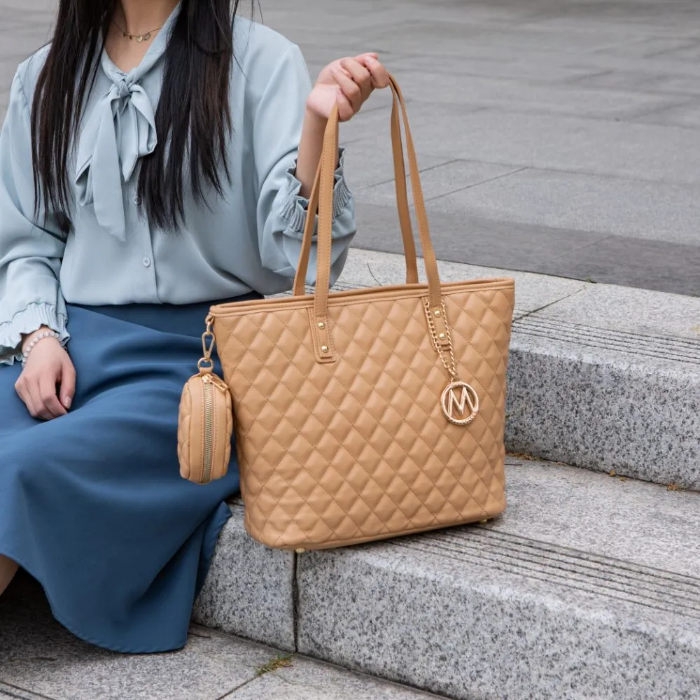 Tansy Quilted Vegan Leather Women’s Tote Bag with Pouch– 2 pieces